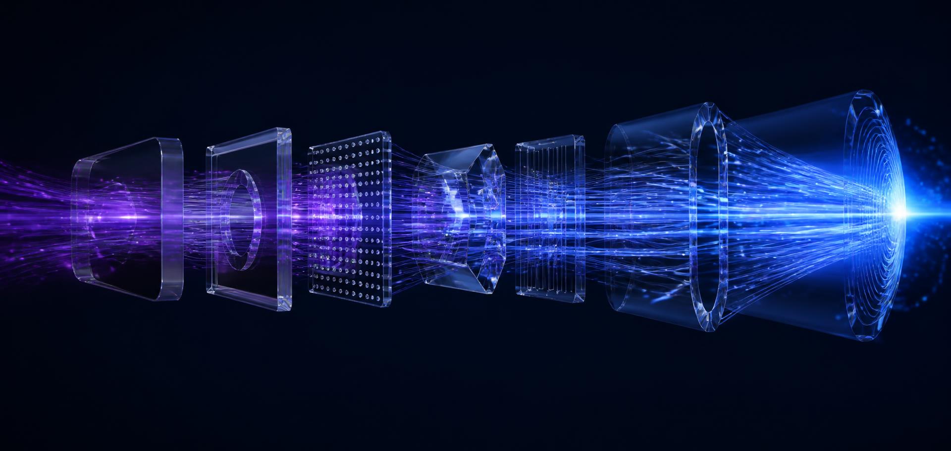 Composição 3D de módulos translúcidos alinhados, atravessados por filamentos de luz roxa e azul que convergem em um ponto de alta intensidade