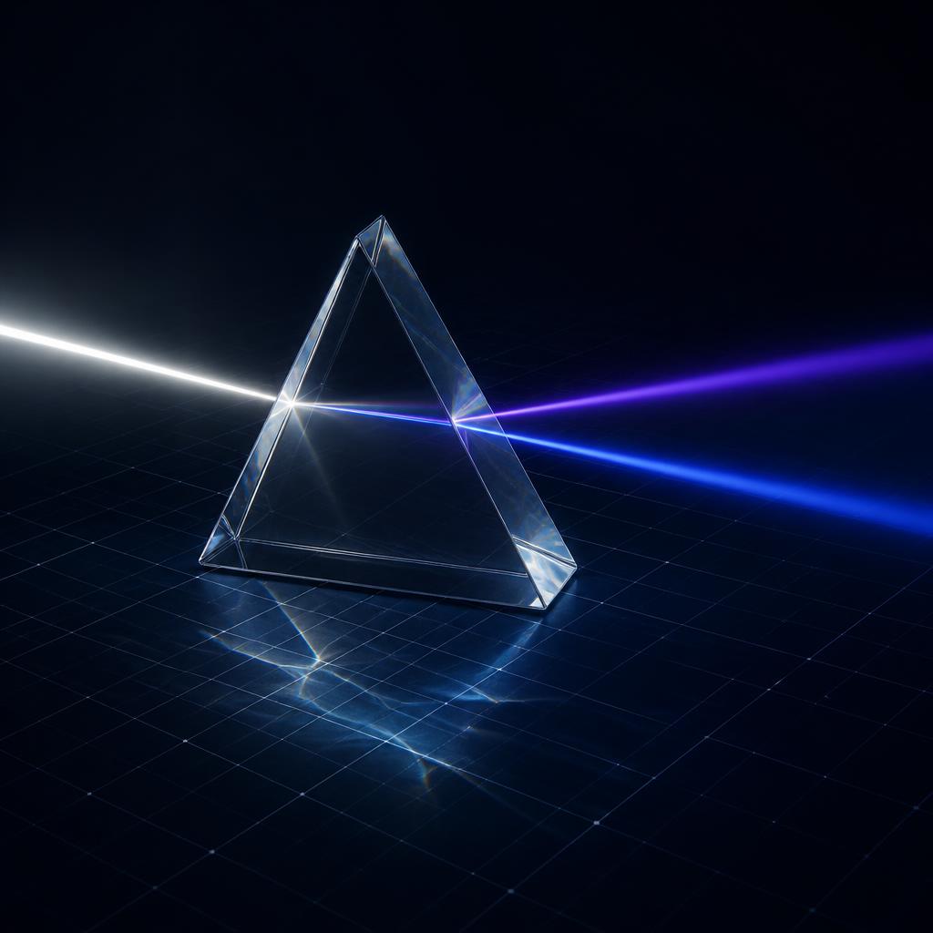Prisma de vidro 3D decompondo um feixe de luz branca em raios roxo e azul sobre uma malha de dados